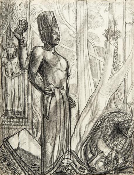 Angkor, Tête de Bouddha et grande statue en pied, 1957