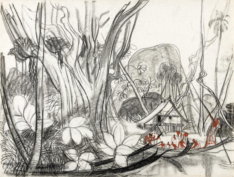 Laos, Bonzes sur une barque devant un temple