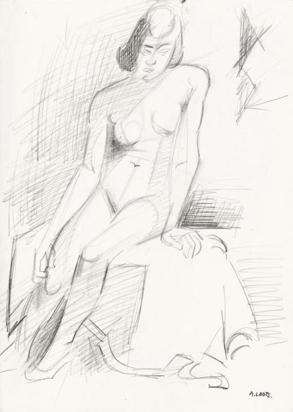 Nu académique, modèle assis dans l'atelier